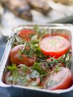 Tomatoes with fresh herbs in aluminium dish, ready for grilling — Stock Photo