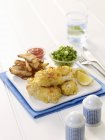 Breaded haddock with chips — Stock Photo