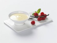 Primo piano vista di crema alla vaniglia con lamponi — Foto stock