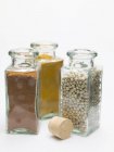 Vista de cerca de nuez moscada, cúrcuma y granos de pimienta blanca en botellas de especias - foto de stock