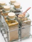 Closeup view of various spices in small glass bottles with a spoon — Stock Photo