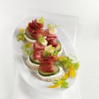 Salami y canapés de pepino en plato blanco sobre toalla - foto de stock