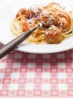 Pasta de espaguetis con albóndigas en salsa de tomate - foto de stock