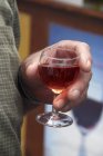 Nahaufnahme abgeschnittene Ansicht einer Hand, die ein Glas Landwein hält — Stockfoto