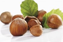 Hazelnuts with leaves on white — Stock Photo