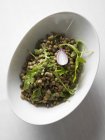 Salade de lentilles avec fusée sur assiette blanche — Photo de stock
