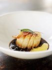 Closeup view of seared scallop appetizer in white bowl — Stock Photo