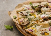 Pizza in Scheiben geschnitten auf Pizzaboden — Stockfoto