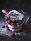 Cranberries with icing sugar in pot — Stock Photo