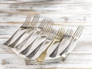 Closeup view of eight forks in a line on a plate — Stock Photo