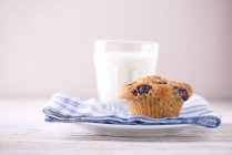 Muffin de mirtilo e vidro de leite — Fotografia de Stock