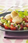 Bunter Salat mit Jakobsmuscheln auf schwarzem Teller über Handtuch — Stockfoto