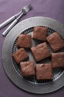 Brownies serving on a metal plate — Stock Photo