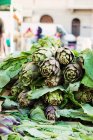 Fresh artichokes with leaves — Stock Photo