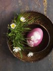 Vue du dessus d'un œuf rose décoré pour Pâques dans un bol en bois avec marguerites — Photo de stock