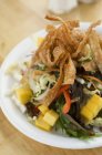 Nahaufnahme von gemischtem Salat mit Mango und gebratenen Teigstreifen — Stockfoto