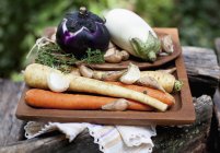 Fresh root vegetables, garlic and aubergines for soup on a wooden tray — Stock Photo