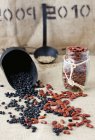 Haricots noirs et haricots rouges sur la surface textile — Photo de stock