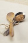 Holz- und Silberlöffel mit braunem Zucker — Stockfoto