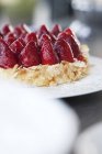 Vue rapprochée de torte aux fraises aux amandes effilées — Photo de stock