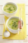Green pea soup with grissini in bowls over yellow towel with spoon — Stock Photo