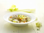 Куриный суп с сельдереем на белой тарелке — стоковое фото