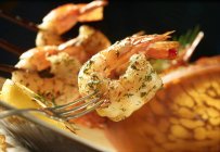 Lemon prawn with dill on fork — Stock Photo