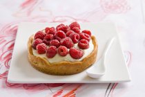 Raspberry tart on white platter — Stock Photo