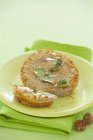 Closeup view of liver pate with thyme and spices on green plate — Stock Photo