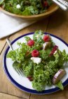 Closeup view of Lollo biondo lettuce with aubergines, raspberries and pine nuts — Stock Photo