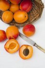 Frische Aprikosen und Korb — Stockfoto