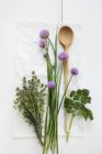 Top view of fresh herbs with a wooden spoon — Stock Photo