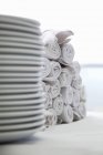 Closeup view of stacked white plates and heap of rolled napkins — Stock Photo