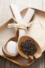 Salt and black pepper on wooden spoons — Stock Photo