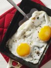 Poached eggs on baking tray — Stock Photo