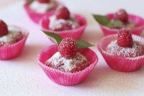 Closeup view of sponge squares with grated coconut and raspberries — Stock Photo