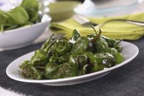 Padrn peppers  on white plate over textile — Stock Photo