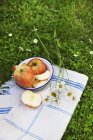 Manzanas frescas enteras y en rodajas en tazón - foto de stock