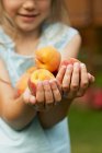Closeup cropped view of young girl holding fresh peaches — Stock Photo