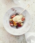 Closeup top view of Zabaglione dessert with fresh fruits — Stock Photo
