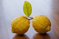 Lemons with leaf and stalk — Stock Photo