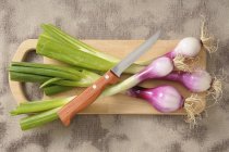 Cebolletas moradas orgánicas en tabla de cortar con cuchillo - foto de stock