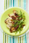 Hühnerbrust in Scheiben geschnitten mit Rucola und getrockneten Tomaten auf grünem Teller über Handtuch — Stockfoto