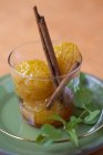 Nahaufnahme karamellisierter Clementinen mit Zimtstangen — Stockfoto