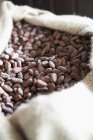 Cocoa beans in sack — Stock Photo