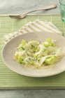 Carpaccio di kohlrabi con erbe su piatto bianco su tappetino verde — Foto stock