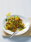 Closeup view of Paella with chicken,vegetables and chorizo — Stock Photo