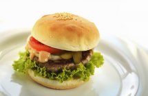 Hamburger with onions and pickled gherkins — Stock Photo