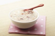Vue rapprochée du yaourt grec à la fraise maison dans un bol — Photo de stock