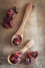 Dried cranberries with wooden spoons — Stock Photo
